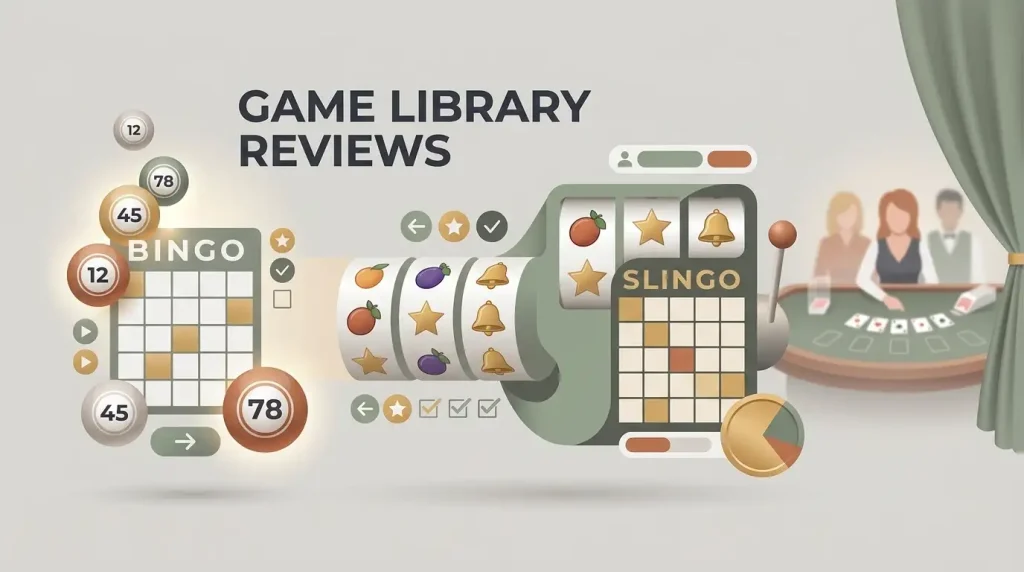 Illustration of bingo balls, slot reels and live casino tables as separate game categories
